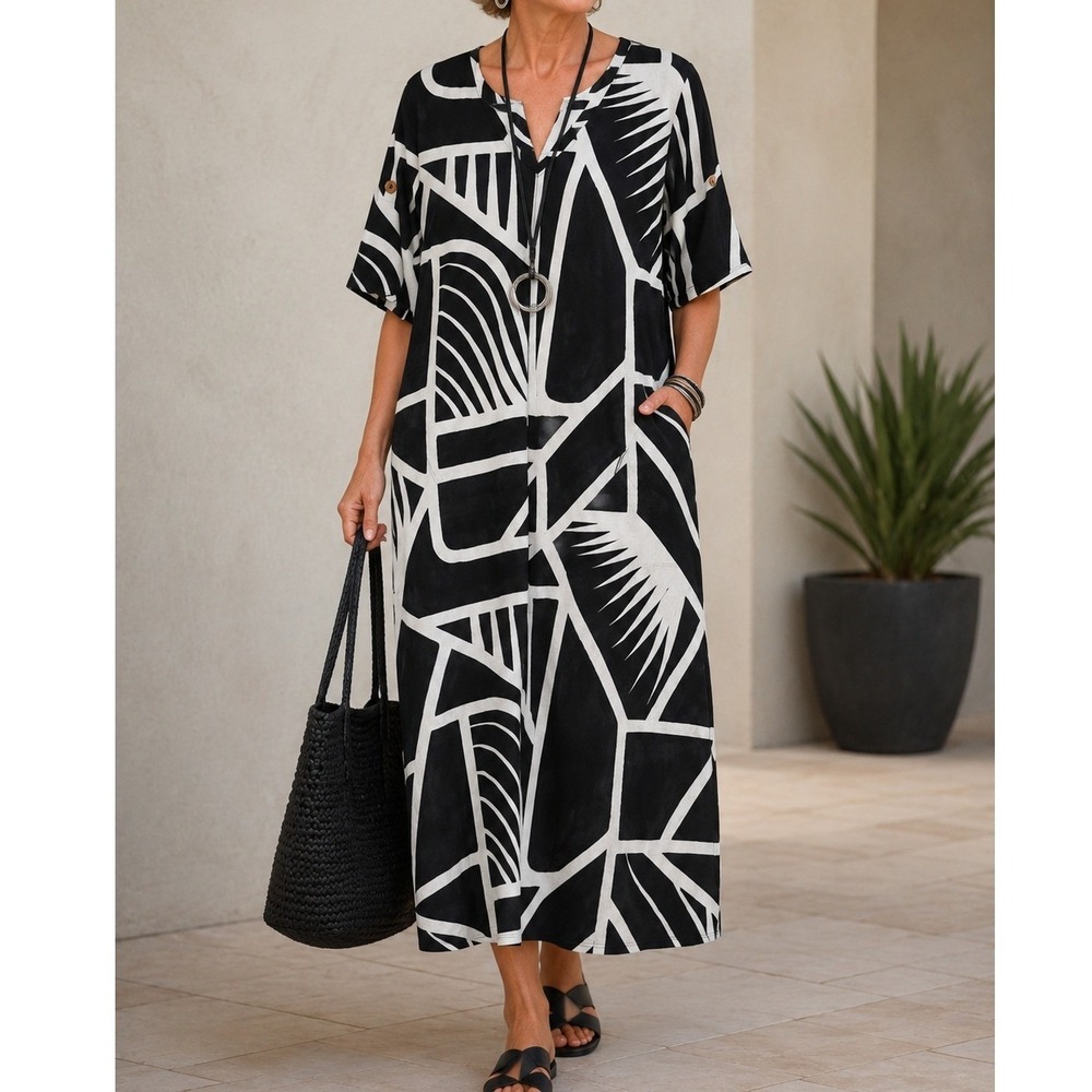 Westbound Black‎ White Geometric Maxi Dress Medium Cotton Modal Casual Travel